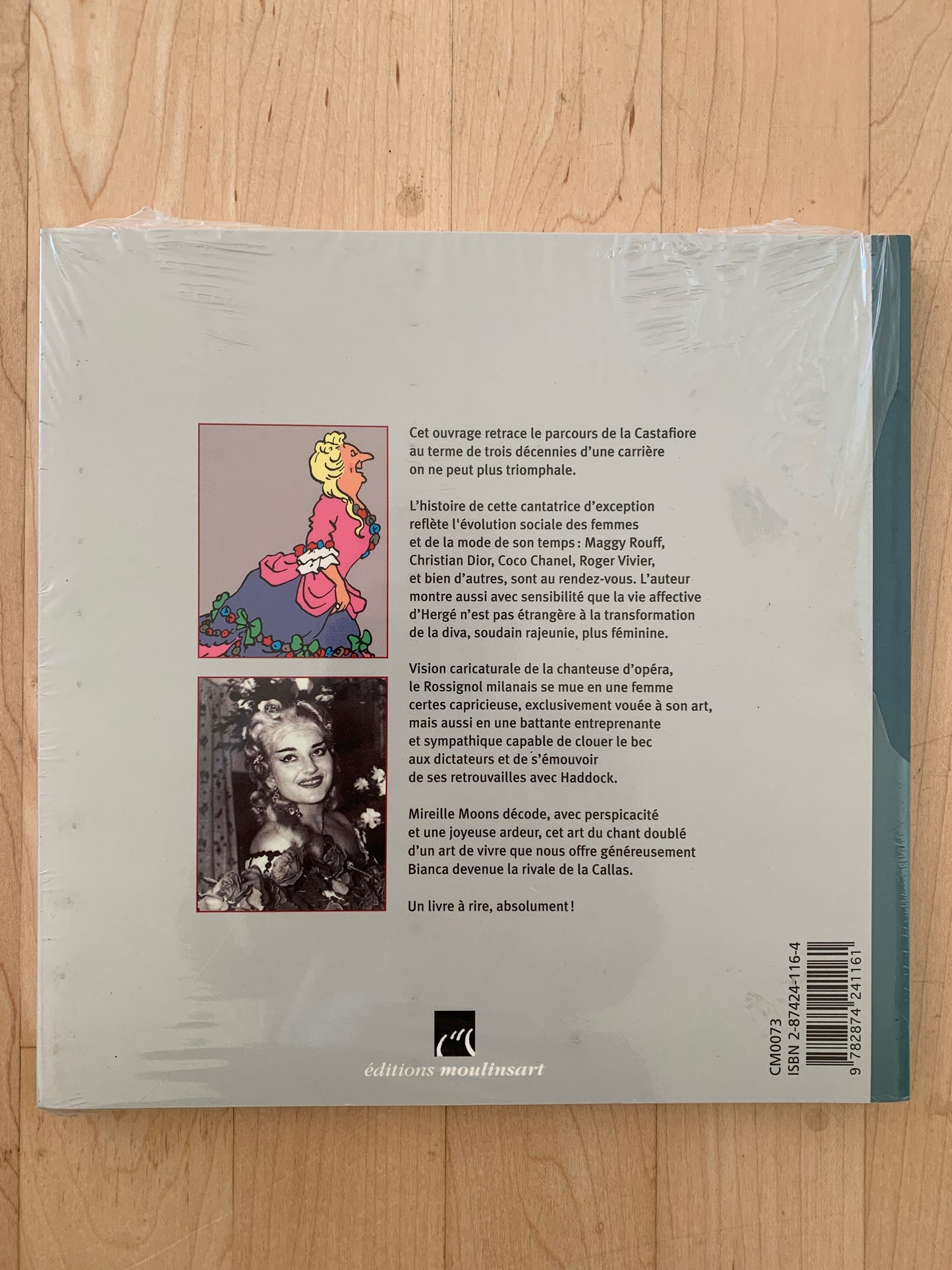 Back cover of Bianca Castafiore biography book, featuring cartoon and photo illustrations, French text, wrapped in plastic