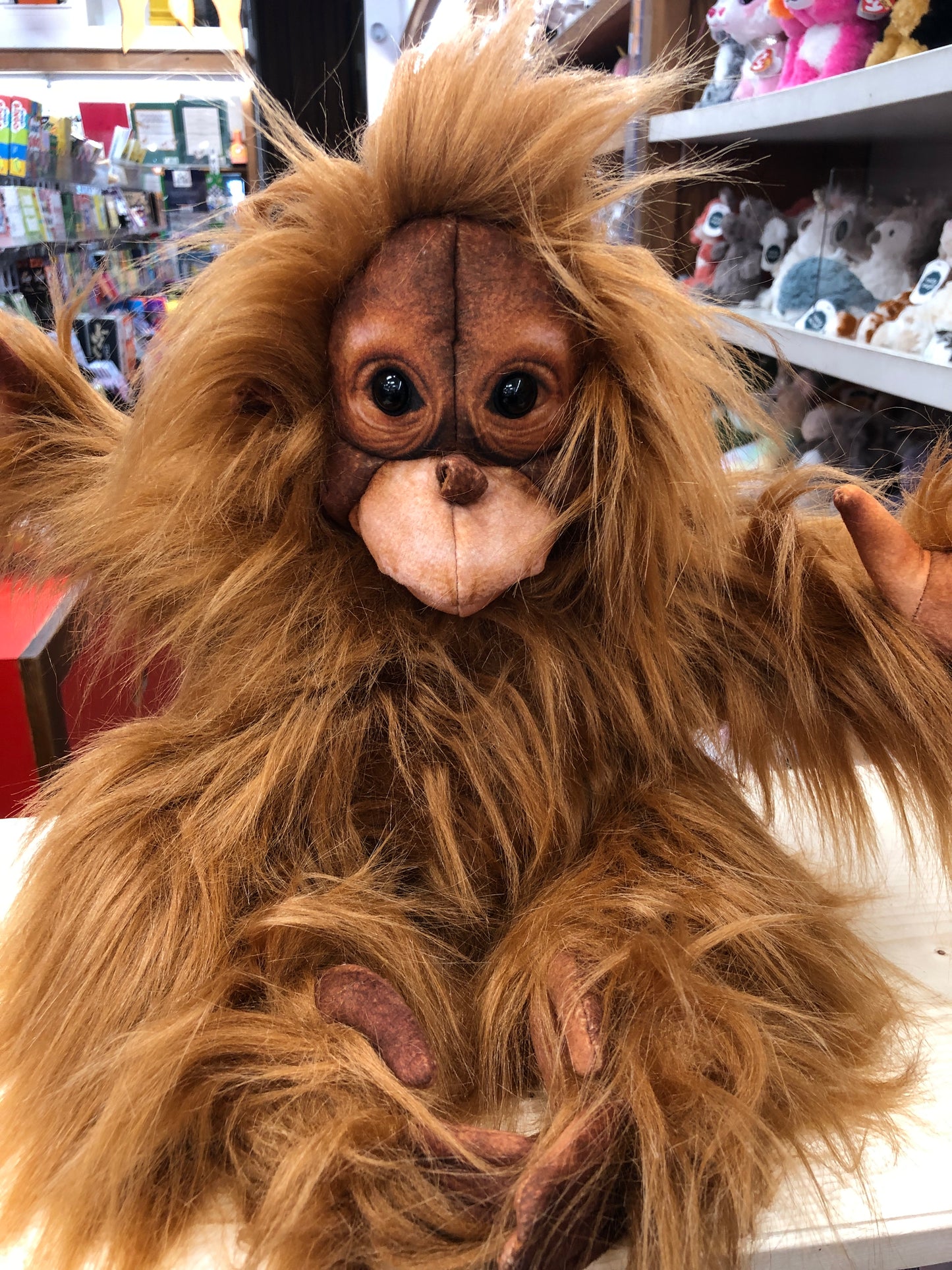 Folkmanis Baby Orangutan puppet with fluffy orange fur and expressive face, displayed in toy store among other plush animals