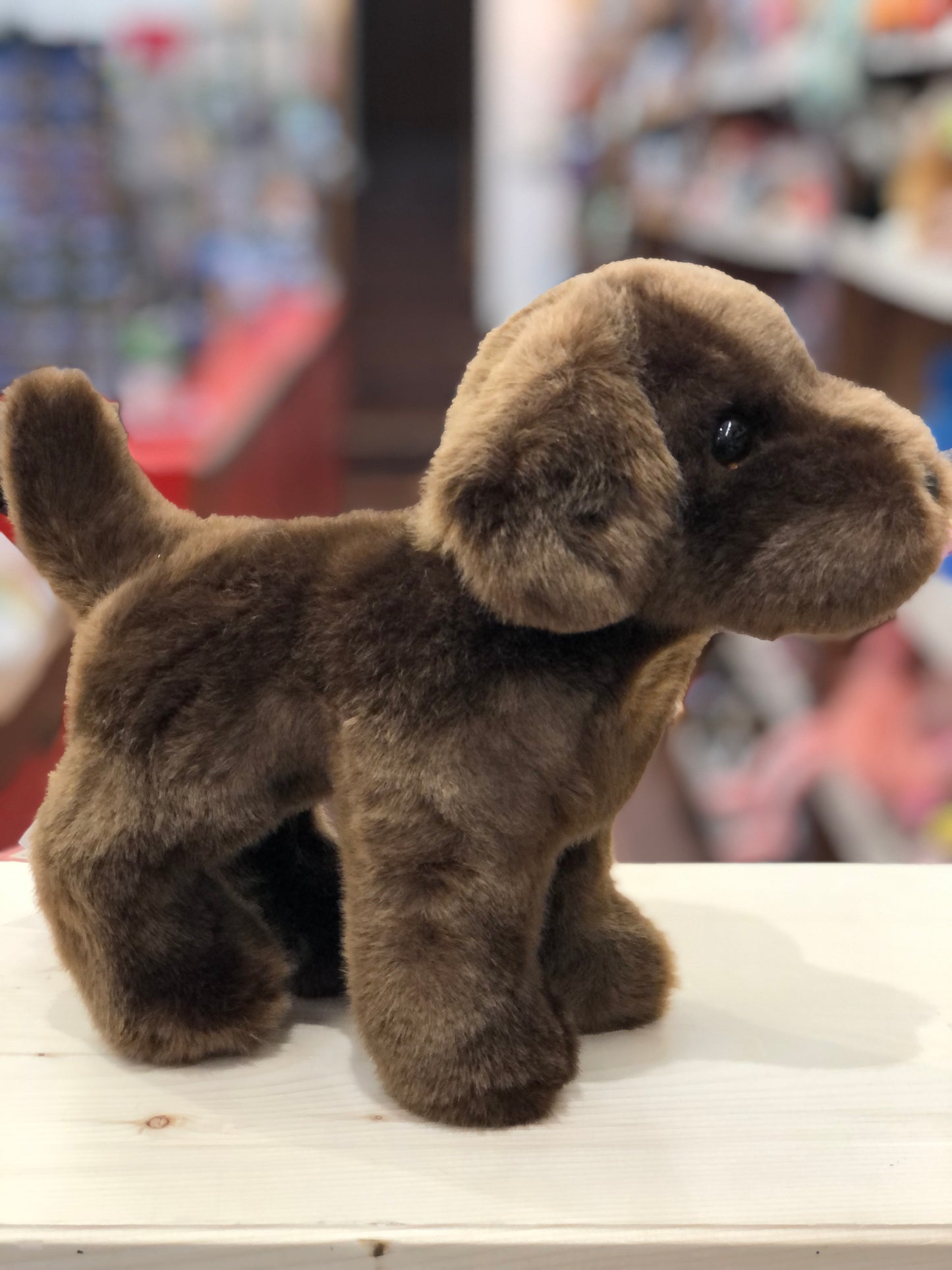 Cuddly chocolate Lab plush toy with soft brown fur, floppy ears, and expressive eyes, standing on display shelf