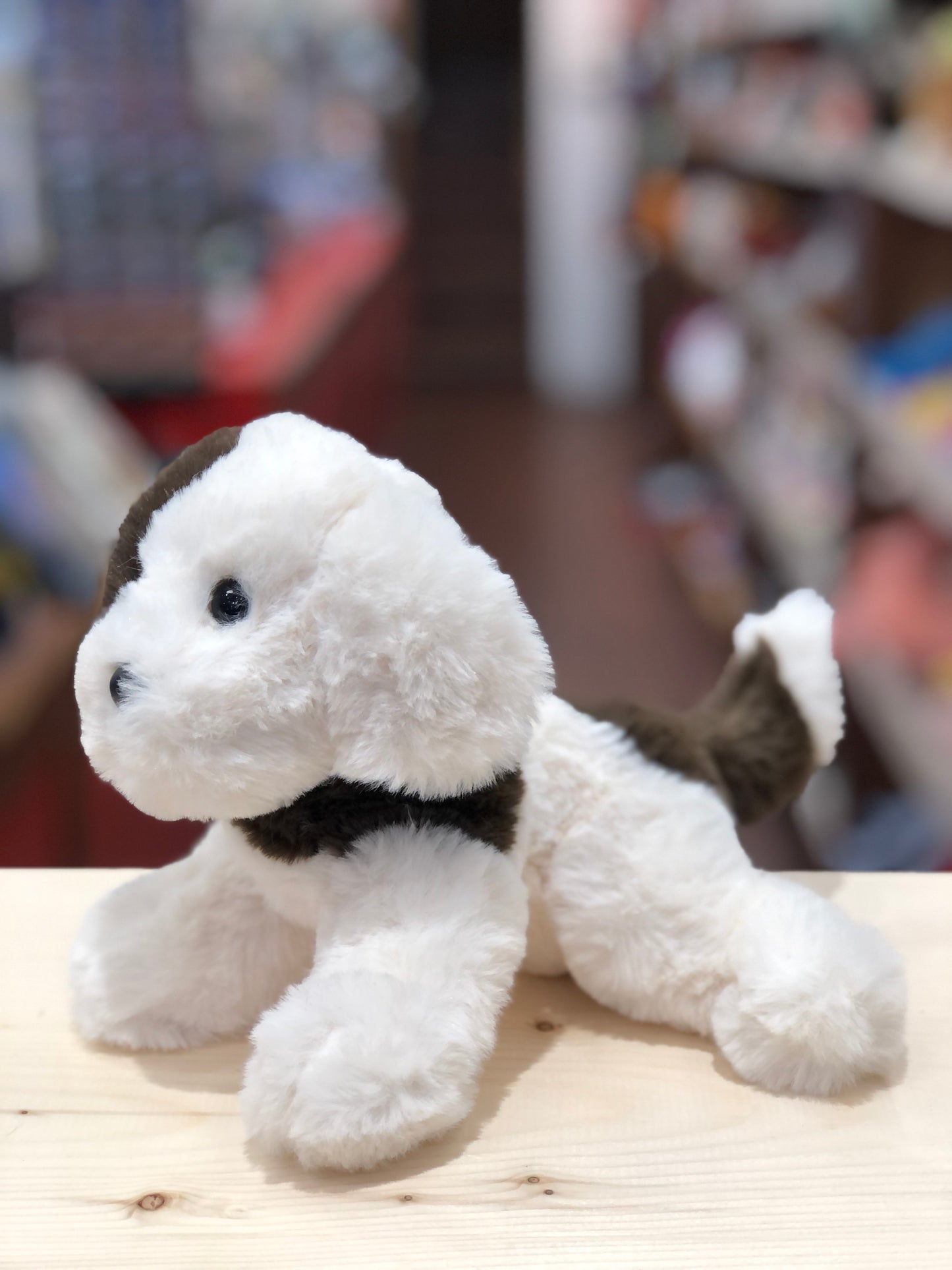 Adorable Douglas Mini Donnie soft puppy plush toy with white fur and brown spots, sitting on wooden surface