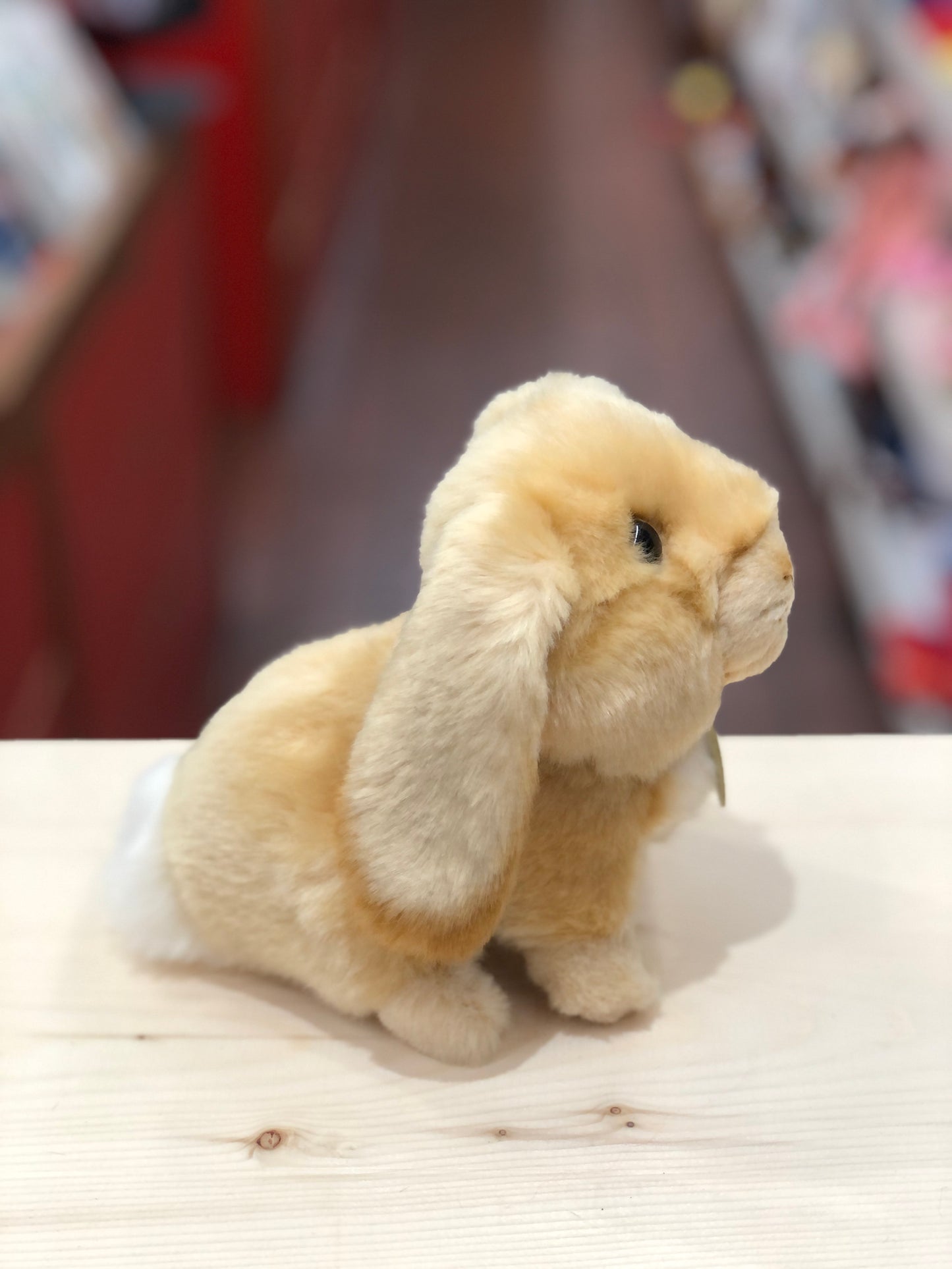 Adorable Aurora Miyoni lop-eared rabbit plush toy with soft cream fur, sitting on wooden surface, charming addition to collections