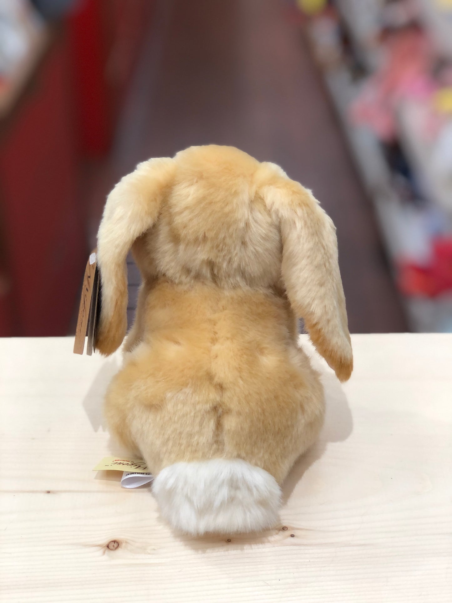 Adorable Aurora Miyoni lop-eared rabbit plush toy, soft beige fur, sitting on wooden surface, viewed from behind