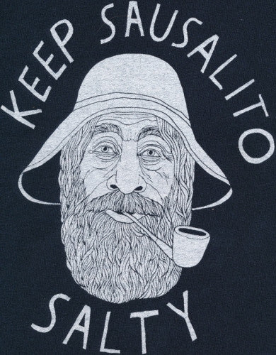 Navy blue hoodie with "Keep Sausalito Salty" text and illustrated bearded figure wearing hat and smoking pipe