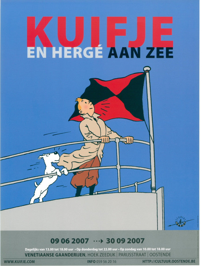 Tintin exhibition poster featuring character on ship deck with dog, showcasing Hergé's sea-themed art at Oostende gallery