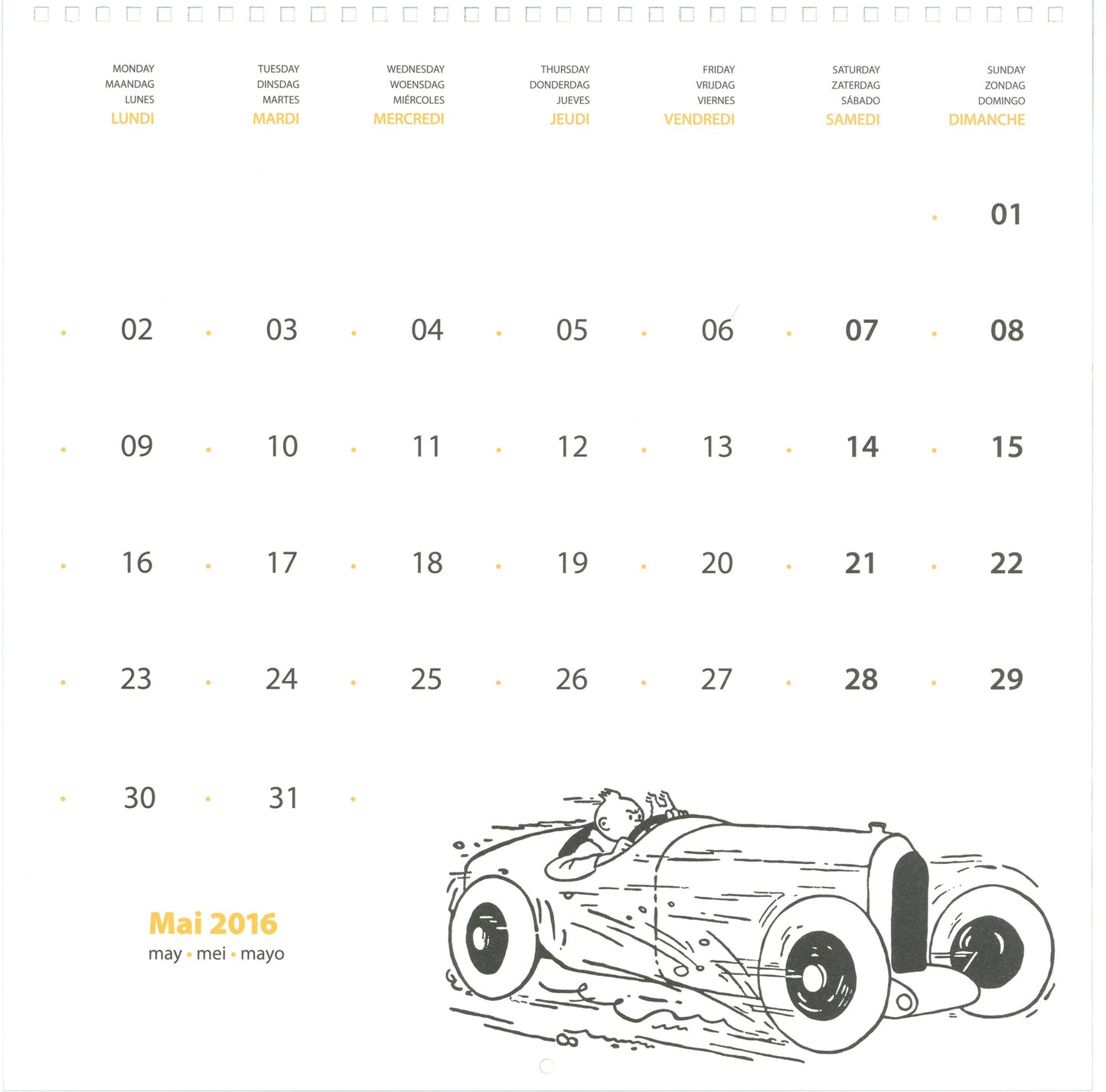 2016 Tintin calendar page for May featuring vintage comic illustration of character driving classic car, from Le Petit Vingtieme series