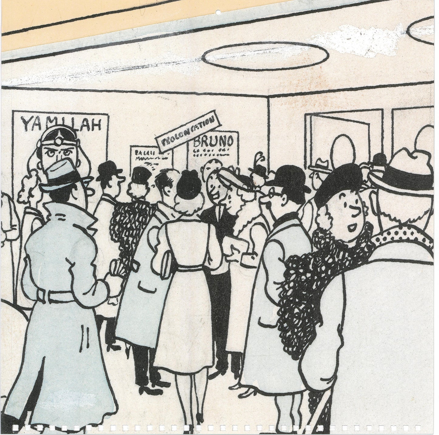 Tintin calendar sketch: Crowded lobby scene with characters waiting before a performance, showcasing Hergé's illustrative style