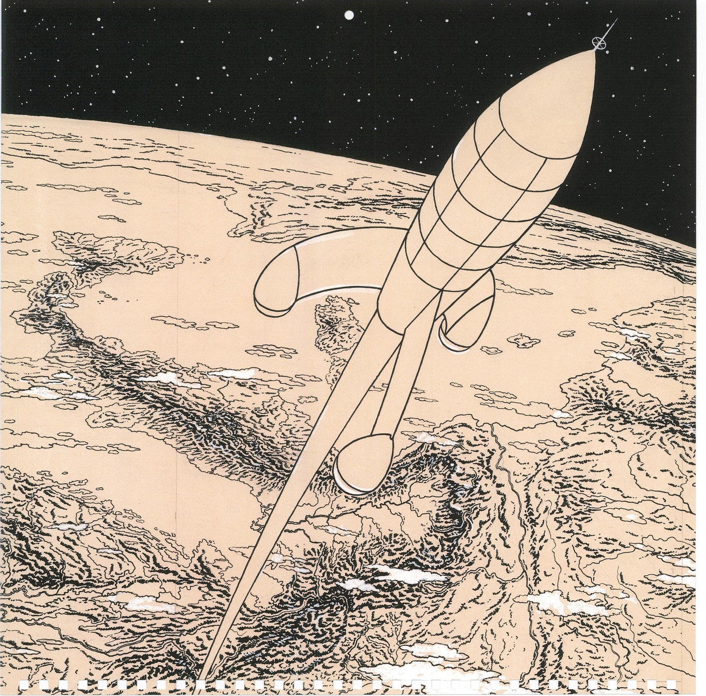 Tintin calendar illustration: Rocket launching from Earth, sketch-style drawing showing dramatic liftoff against starry background