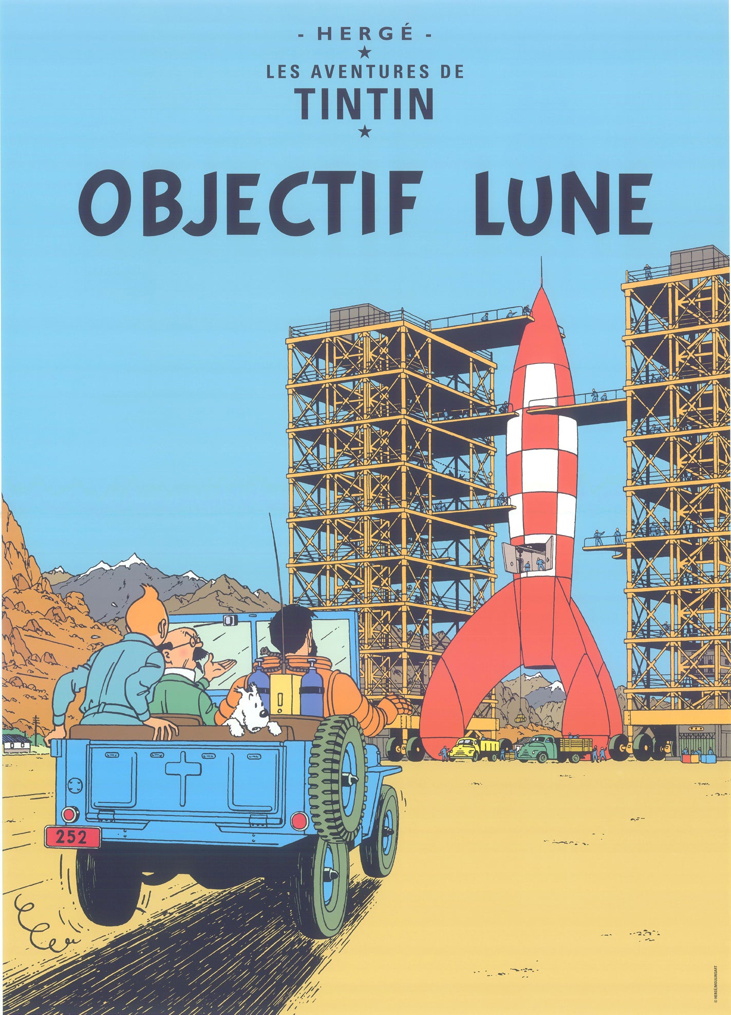 Tintin book cover postcard "Objectif Lune" showing rocket launch site with characters in jeep observing red-and-white rocket