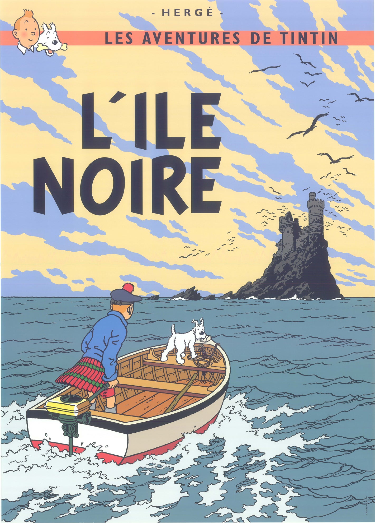 Tintin book cover postcard: L'ile Noire (The Black Island) showing characters in boat approaching mysterious island castle