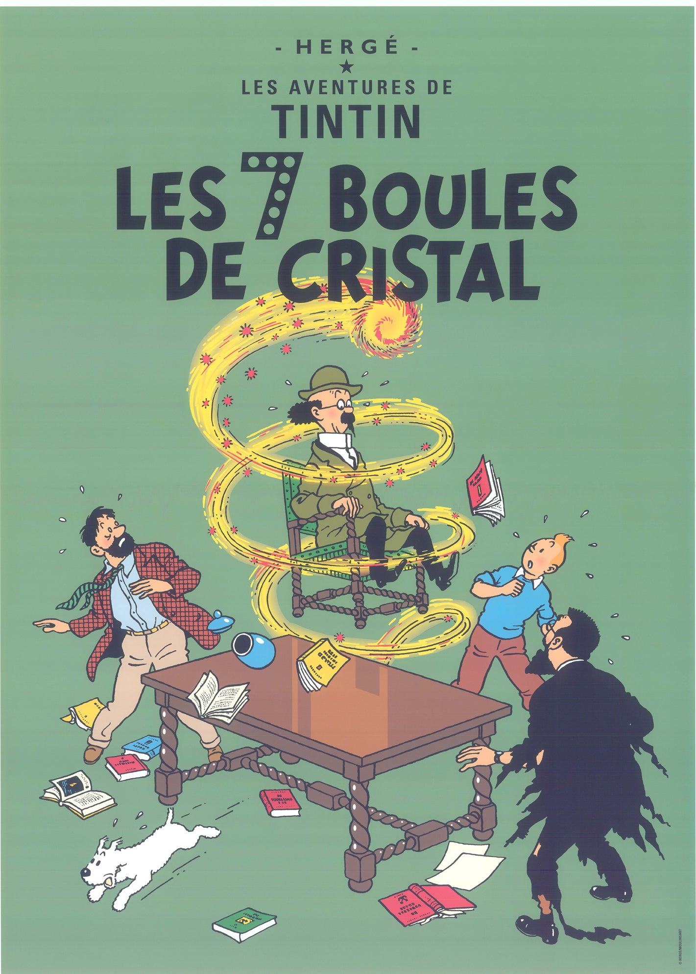 Tintin book cover: "Les 7 Boules de Cristal" featuring characters reacting to magical swirls around seated figure, scattered books