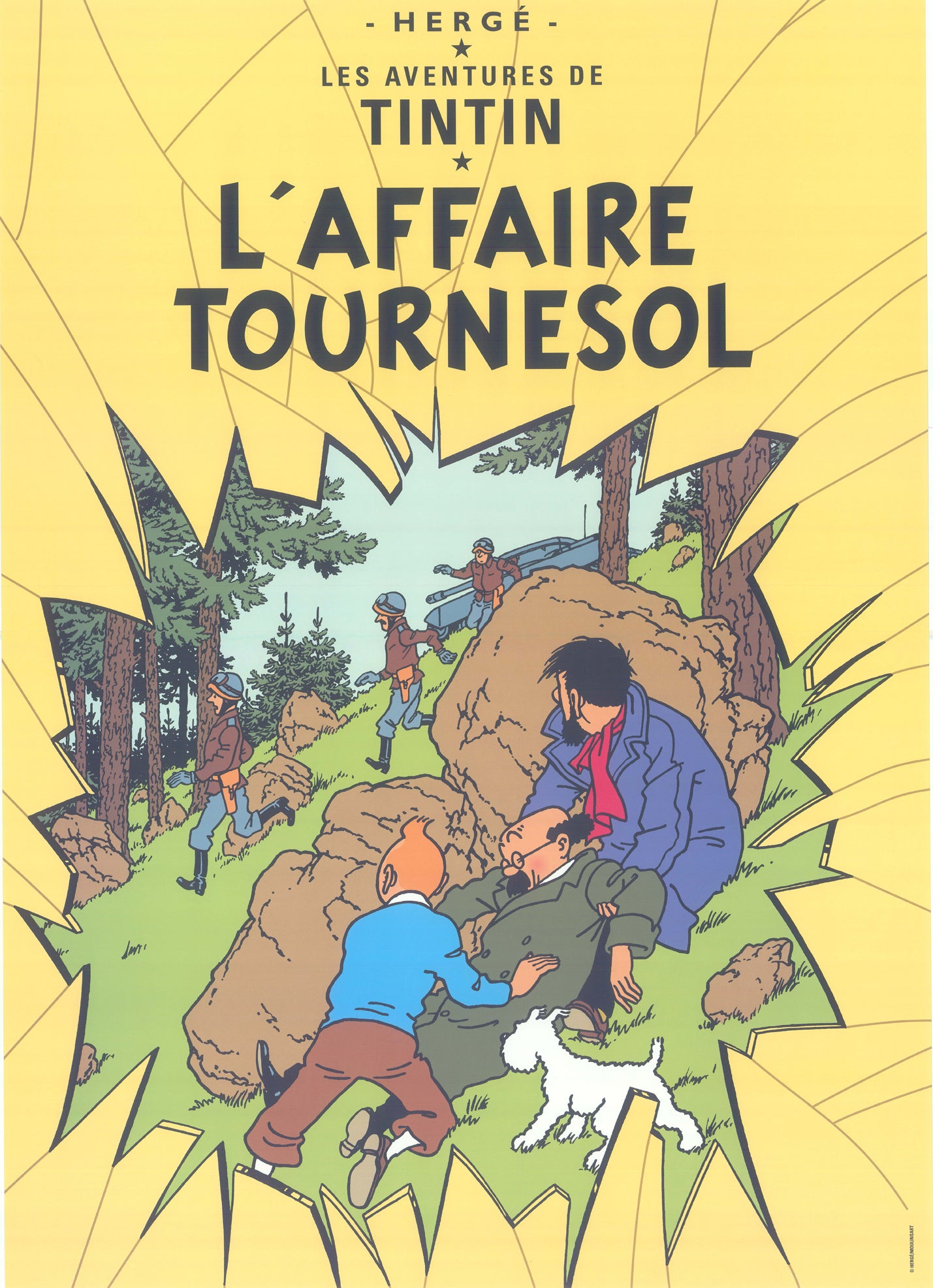 Tintin book cover postcard for "L'Affaire Tournesol" showing characters in forest scene with dramatic yellow background