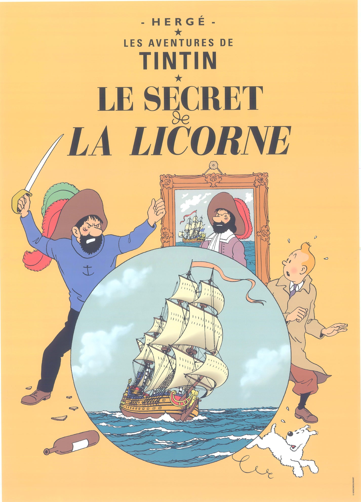 Tintin book cover postcard featuring pirate ship, sword-wielding sailor, and Tintin character for "The Secret of the Unicorn" adventure