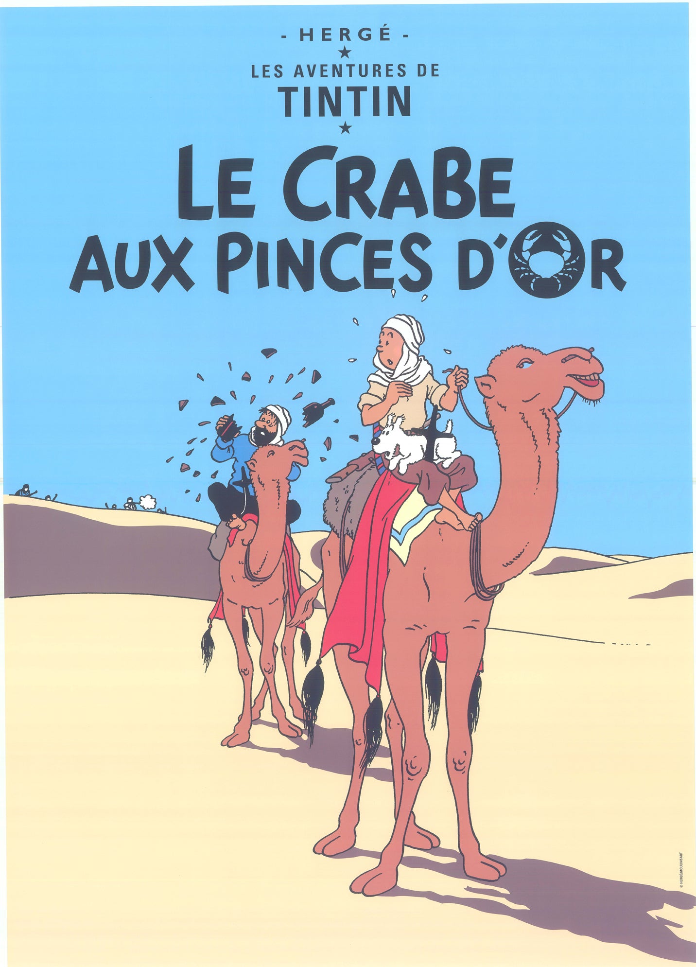 Tintin book cover postcard showing characters on camels in desert, titled "Le Crabe Aux Pinces D'Or" by Hergé