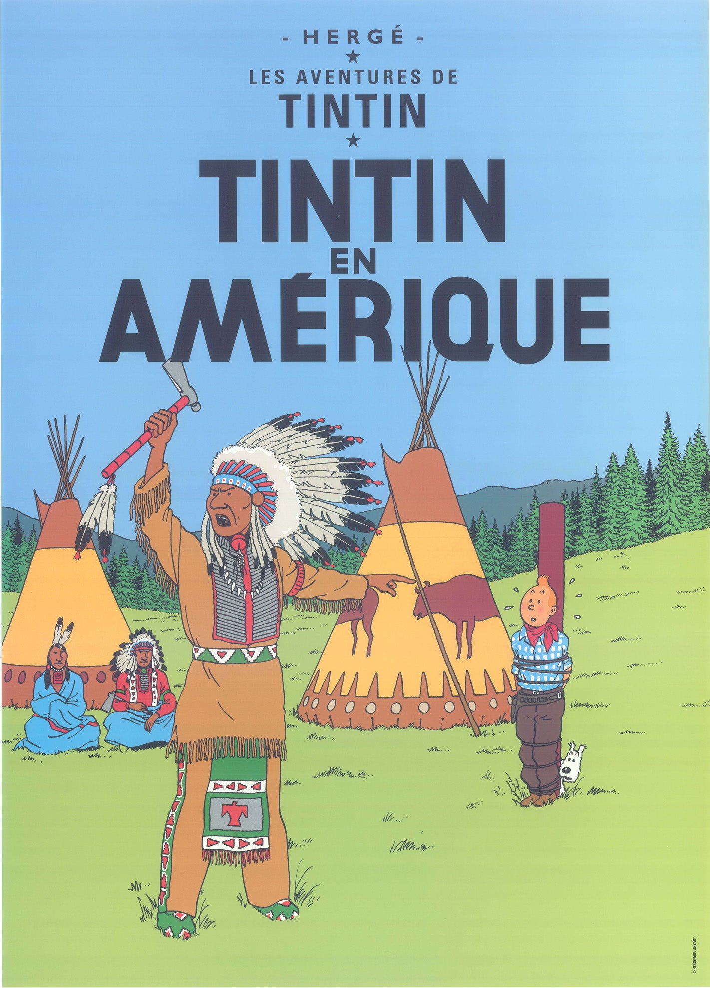 Tintin in America book cover postcard, showing Native American scene with teepees and characters in traditional dress