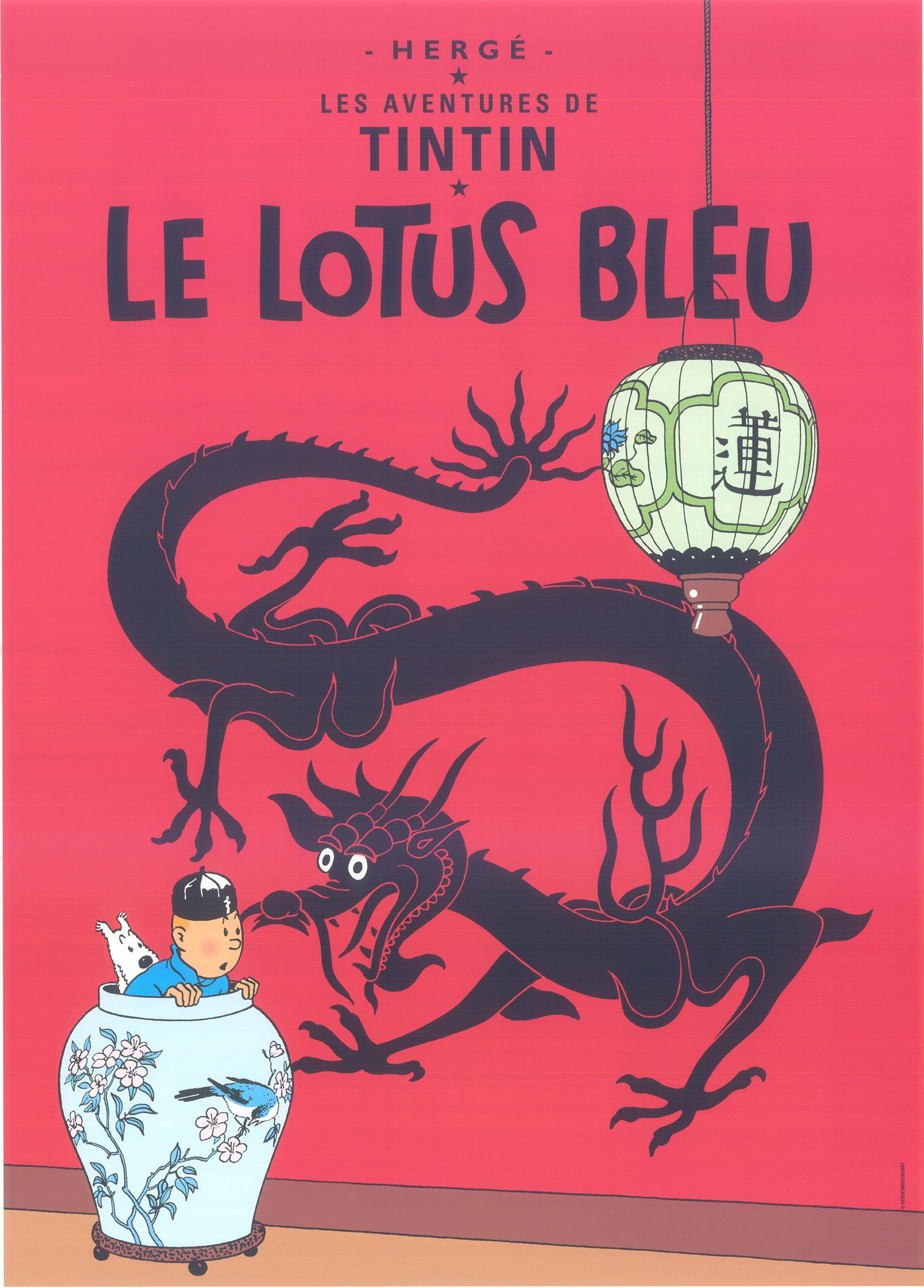 Tintin postcard cover for "Le Lotus Bleu" featuring Tintin in vase, Chinese dragon, and lantern on vibrant red background