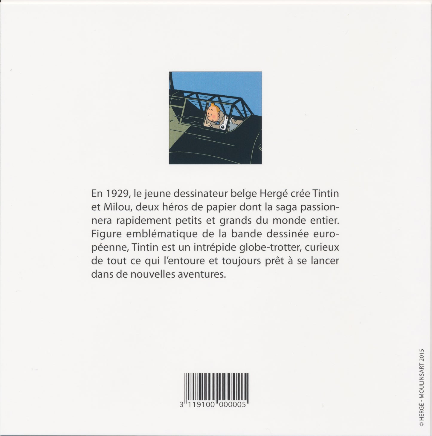 Tintin note card featuring cartoon character in airplane cockpit, with French description and barcode on white background