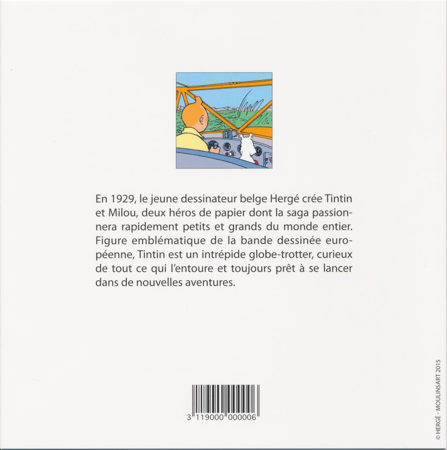 Tintin note card featuring comic illustration of character piloting plane, with French description of Hergé's creation