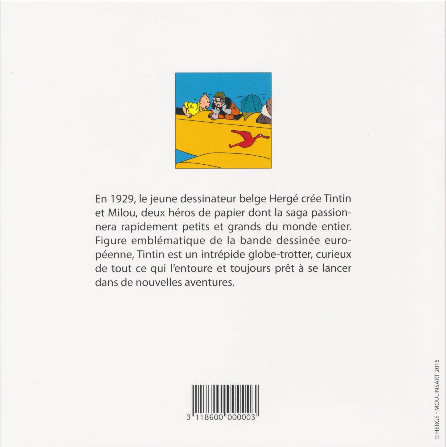Tintin note card featuring characters in yellow airplane, with French description of comic series and barcode on white background