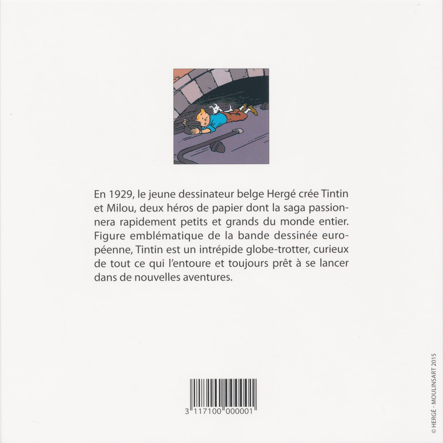 Tintin notecard featuring comic panel of character sliding under train, with French description of Hergé's iconic creation