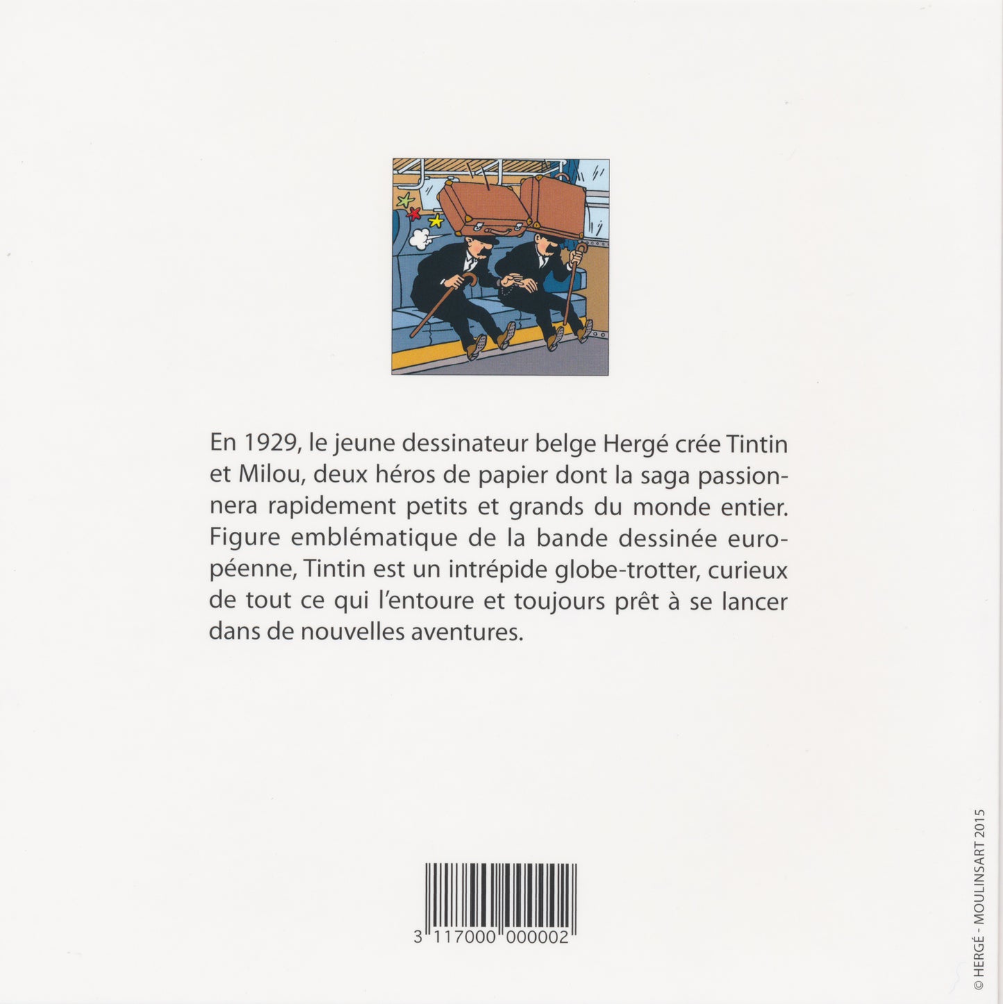 Tintin train notecard featuring comic illustration of two characters hiding under luggage on a train, with French description