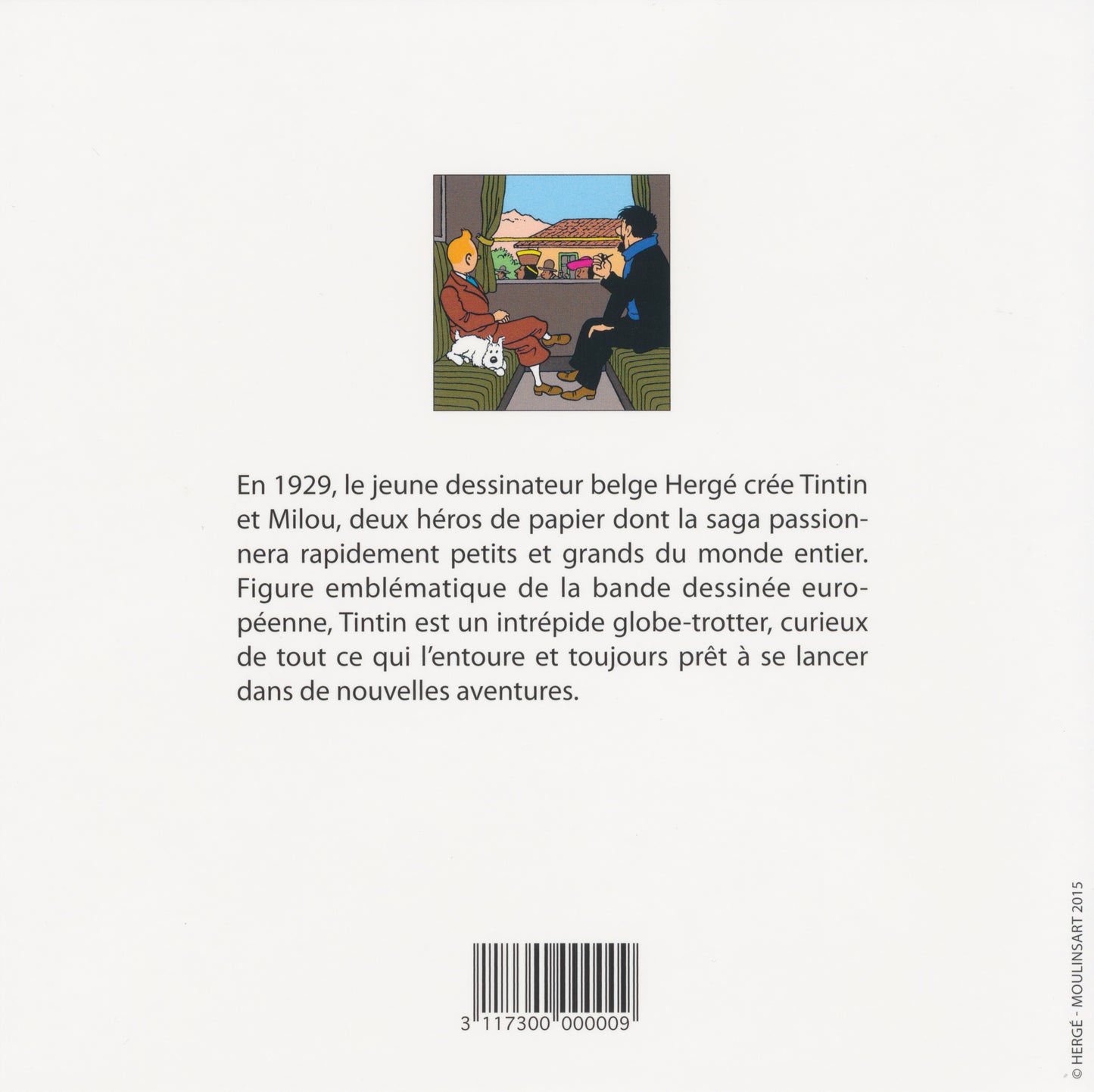 Tintin train notecard featuring cartoon characters in a train compartment, with descriptive French text about Hergé's comic creation