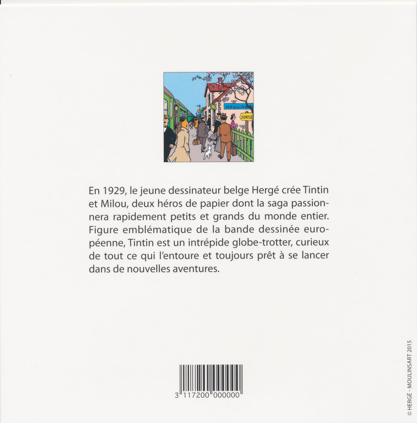 Tintin notecard featuring comic illustration of train station scene, with description of Hergé's iconic character on reverse