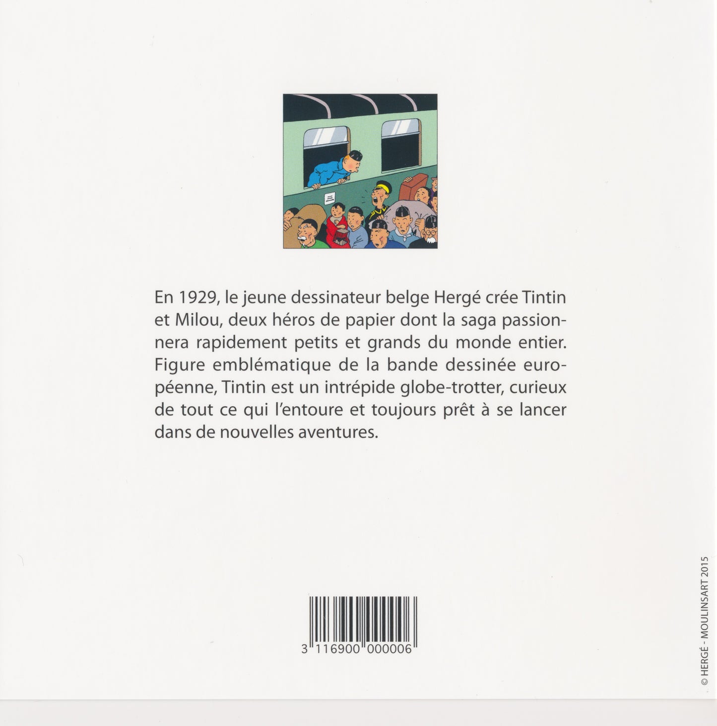 Tintin train notecard featuring comic illustration and description of Hergé's iconic character, with barcode on white background