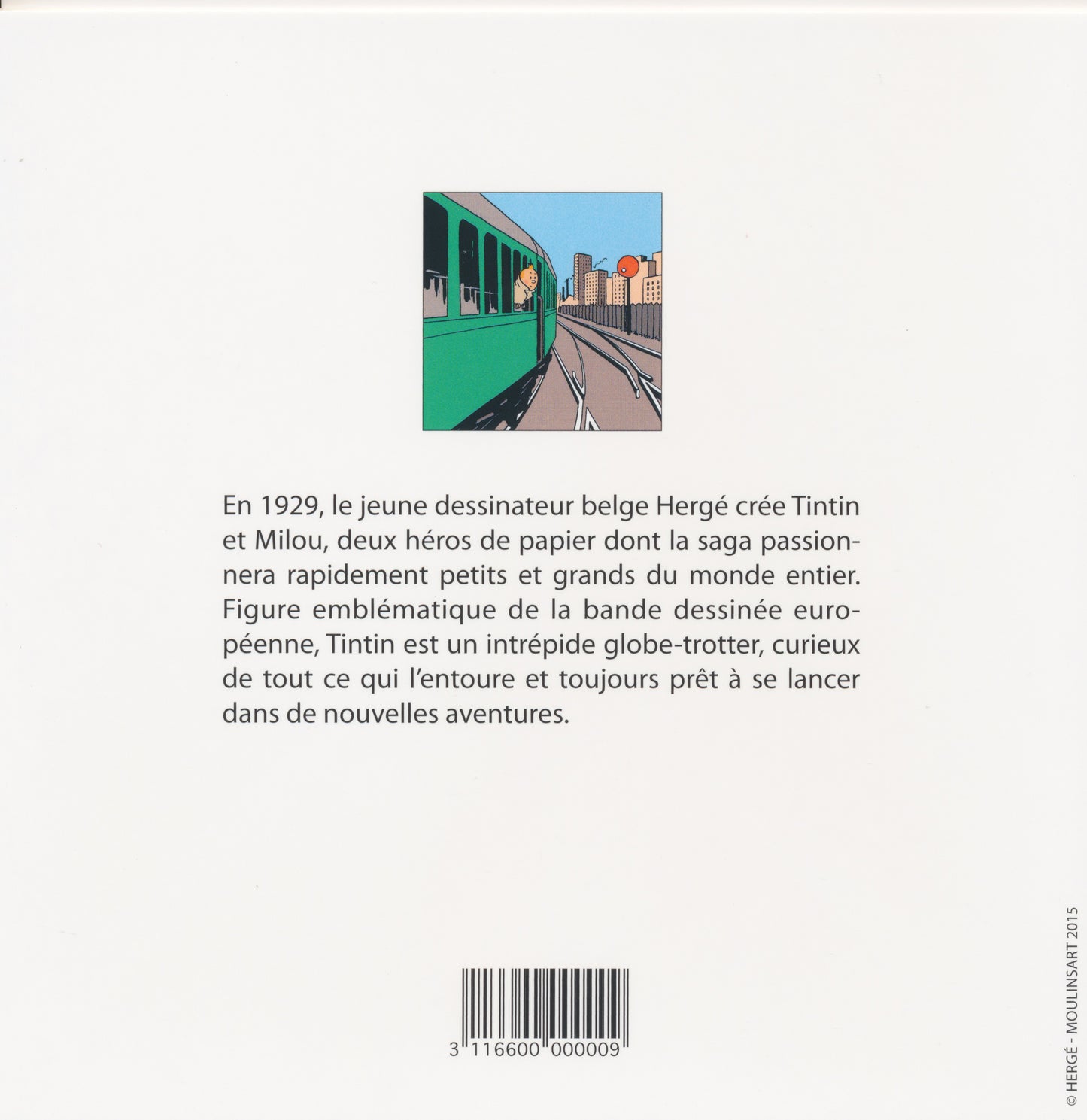 Tintin train notecard featuring comic illustration of green train carriage with city skyline, description in French below