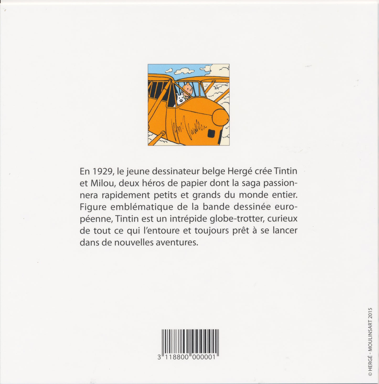 Tintin note card featuring cartoon character piloting orange plane, with French description of Hergé's iconic comic series