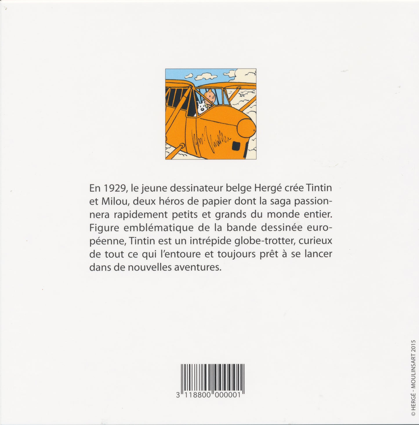 Tintin note card featuring comic illustration of character piloting orange airplane, with French text and barcode