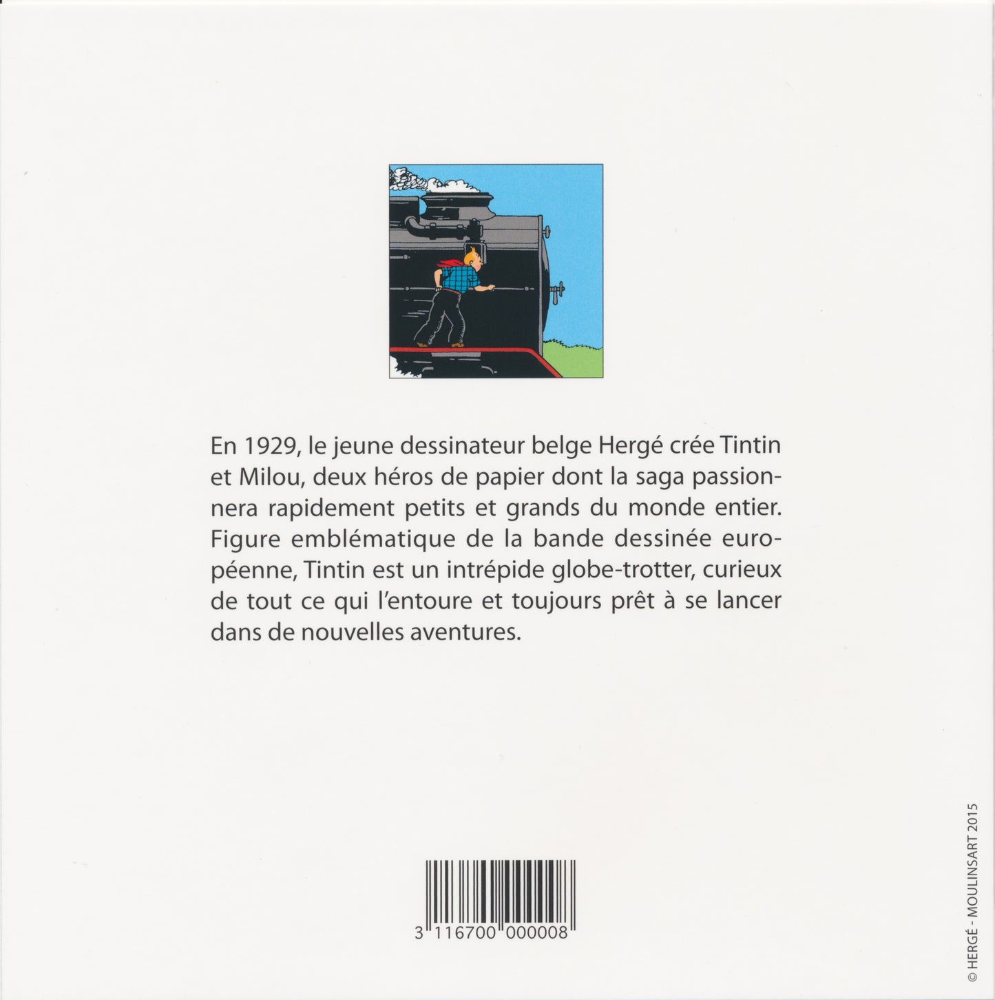 Tintin notecard featuring comic illustration of character on train, with French description of Hergé's creation and Tintin's adventures
