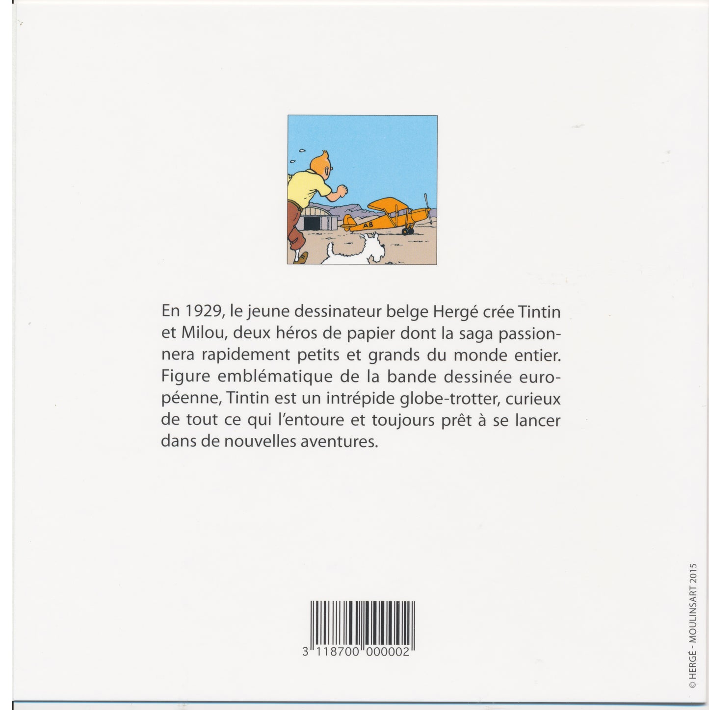 Tintin note card featuring cartoon image of character running towards plane, with dog and text about comic's origin