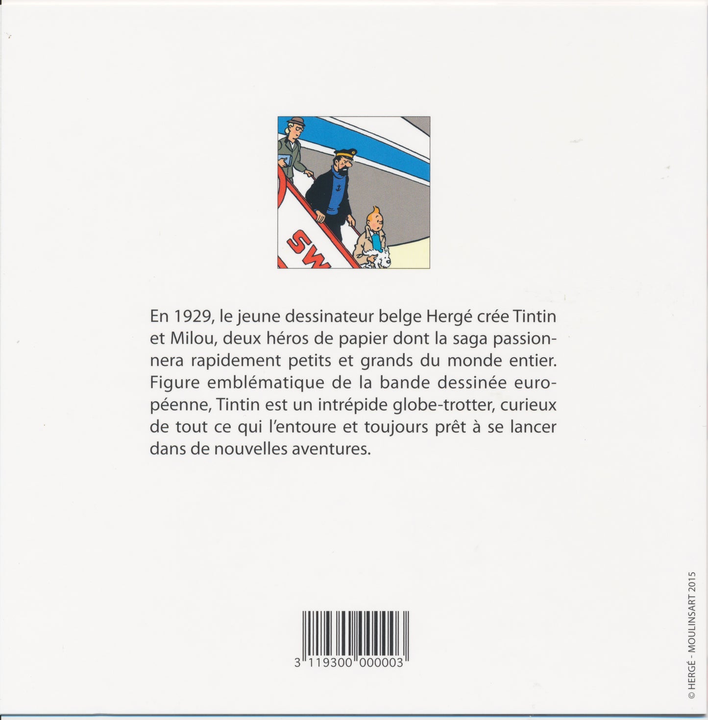 Tintin note card featuring comic illustration of characters boarding plane, with description of Hergé's creation in French