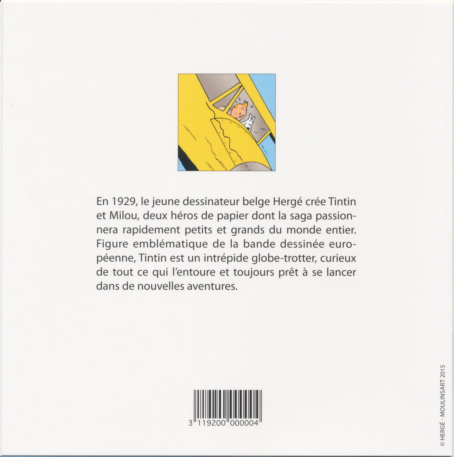 Tintin note card featuring cartoon character in yellow airplane, with French description of comic series origins and barcode