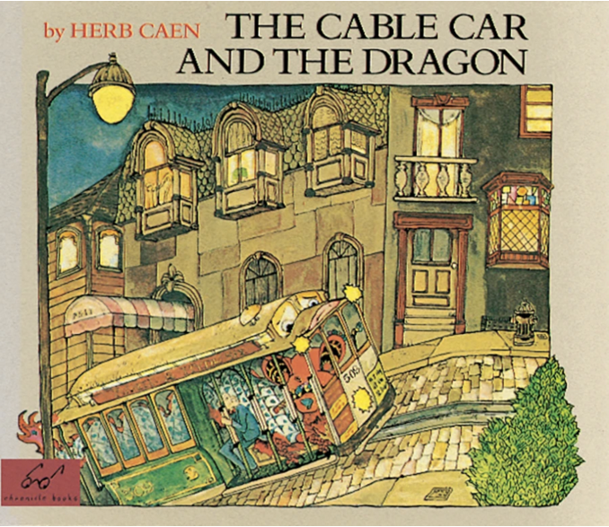 Book cover of "The Cable Car and the Dragon" showing a colorful San Francisco cable car on a steep hill at night, with buildings and a full moon