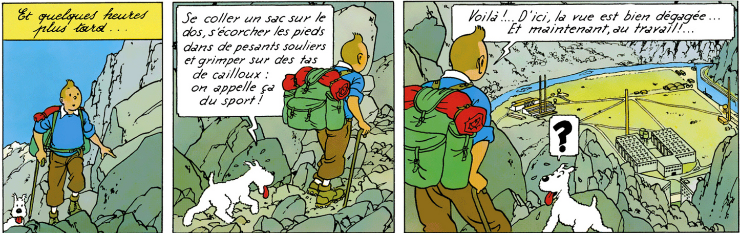Tintin comic strip: Character hiking in mountains with backpack, accompanied by dog, observing distant facility. Adventure scene from Destination Moon.