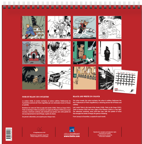 2022 Tintin wall calendar featuring colored and black-and-white illustrations from early adventures, 30x30cm, recycled paper
