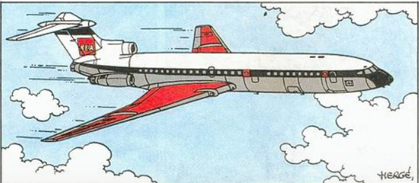 British European Airways Hawker Siddeley Trident airplane flying through cloudy sky, cartoon illustration from Tintin comic