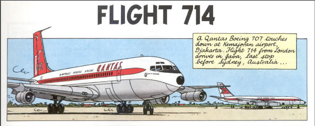 Qantas Boeing 707 landing in Jakarta, illustration from Tintin's Flight 714 to Sydney comic, with descriptive text box