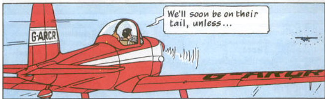 Comic panel of red Percival P40 Prentice airplane from Tintin's "The Black Island" with speech bubble during pursuit