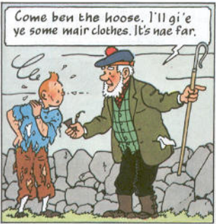 Tintin comic panel: Scottish shepherd offers clothes to disheveled character amid rocky landscape