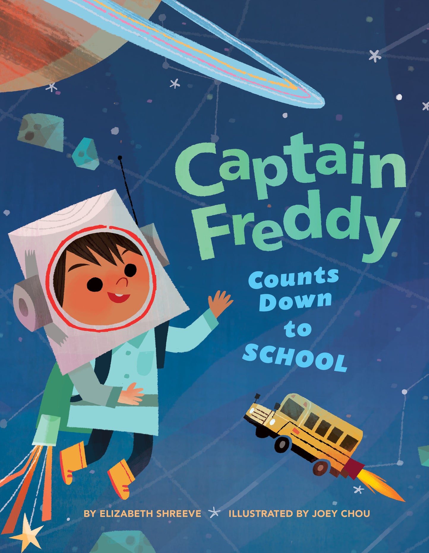 Colorful book cover showing astronaut boy in space with school bus, preparing for first day of school adventure