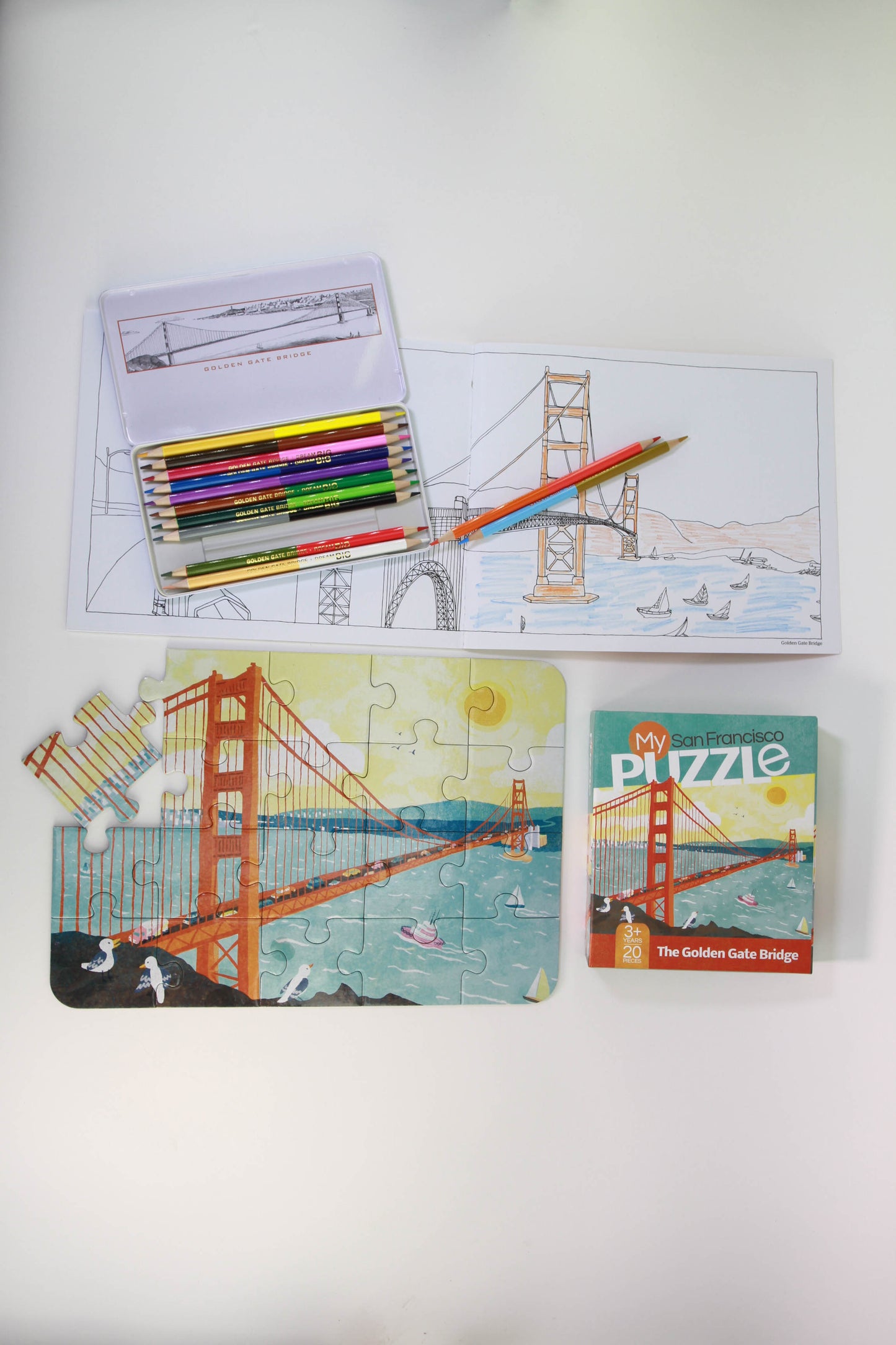 San Francisco gift set with Golden Gate Bridge puzzle, coloring page, and colored pencils for interactive exploration of city landmarks