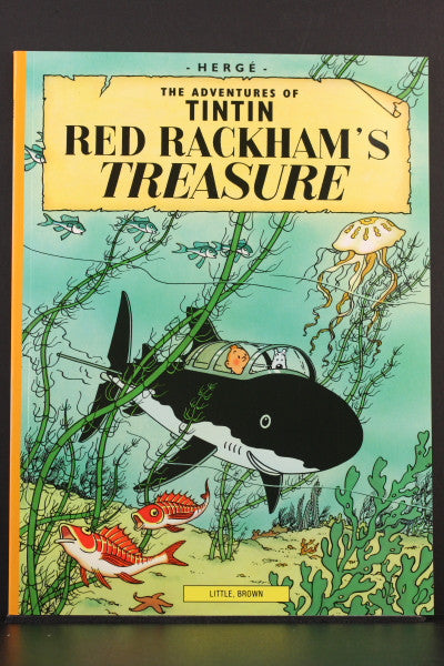 Tintin comic book cover "Red Rackham's Treasure" featuring underwater scene with shark-shaped submarine, fish, and jellyfish