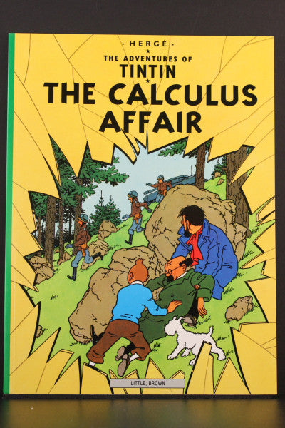 Cover of Tintin comic book "The Calculus Affair" showing characters running in a forest with shattered glass effect