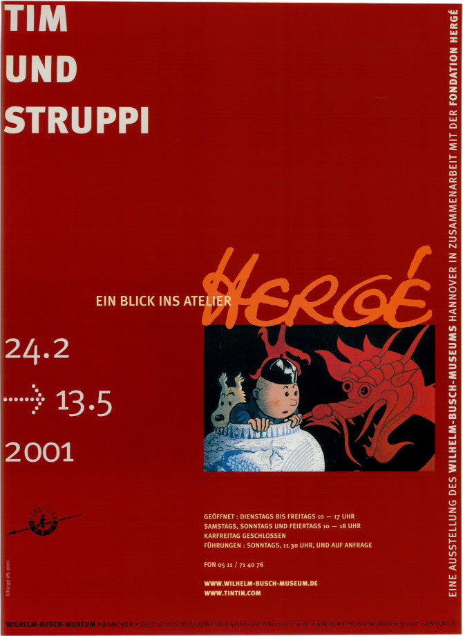 Tim und Struppi exhibition poster for Wilhelm-Busch Museum, featuring Hergé's artwork and signature. Red background with event details.