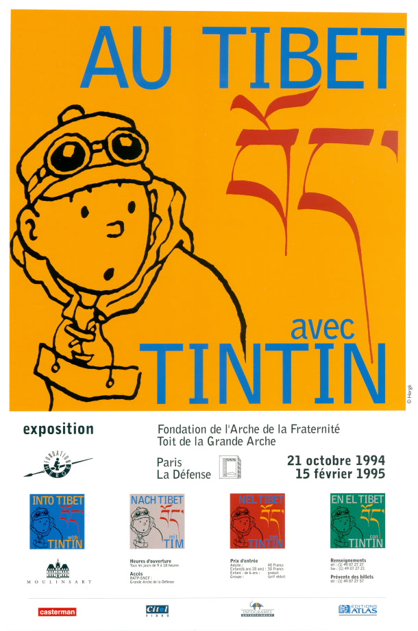 Exhibition poster for "Au Tibet avec Tintin" featuring Tintin's face, Tibetan script, and event details for Paris 1994-1995