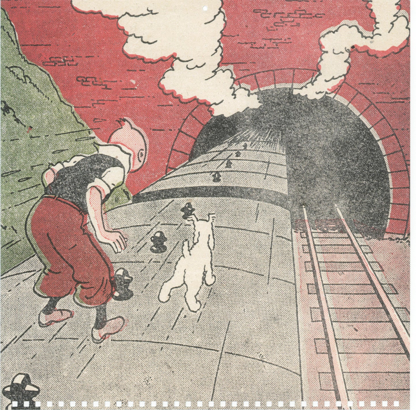 Tintin and Snowy in train tunnel, vintage comic illustration from 2016 Le Petit Vingtieme calendar featuring early Herge artwork