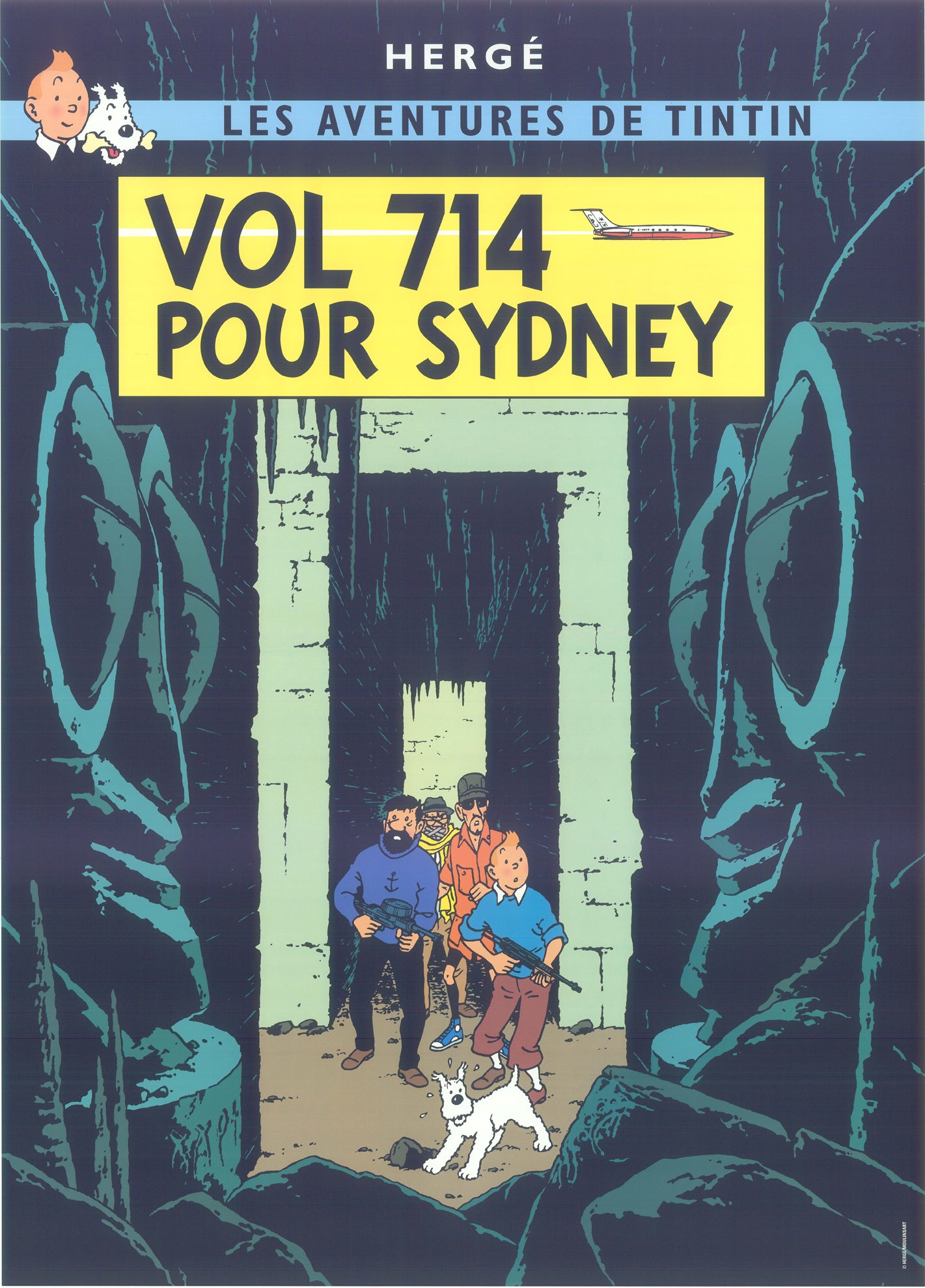 Tintin book cover postcard for "Vol 714 Pour Sydney" showing characters in a mysterious cave entrance with plane icon