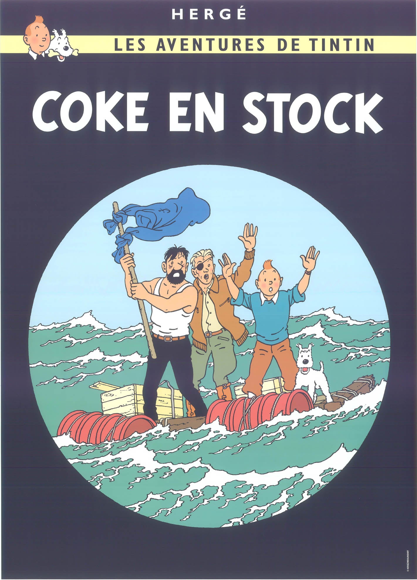 Tintin book cover postcard showing characters on a raft in stormy seas, waving for help. Iconic comic art style.